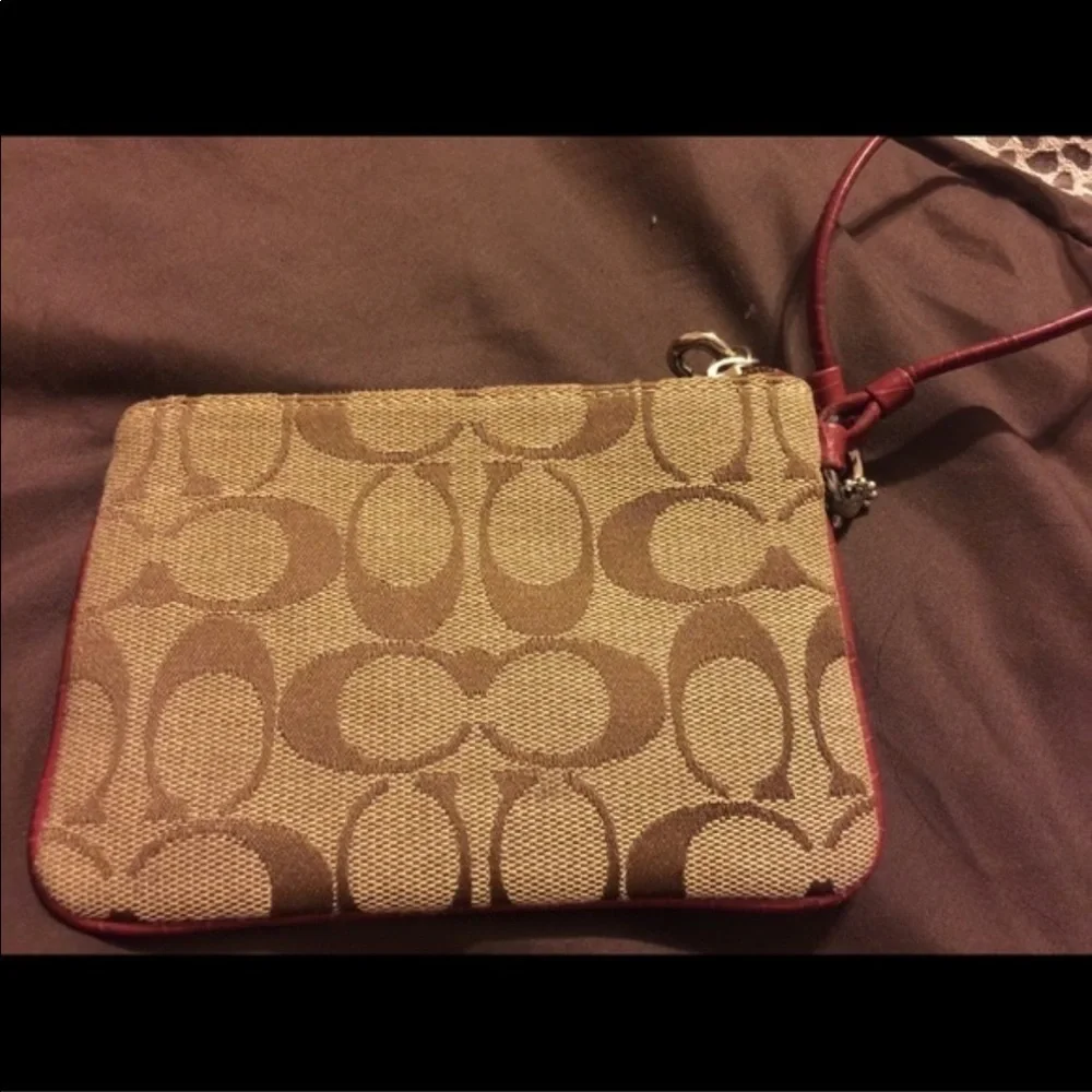 Coach Signature C Brown and Burgundy Oxblood Vintage Fabric Wristlet